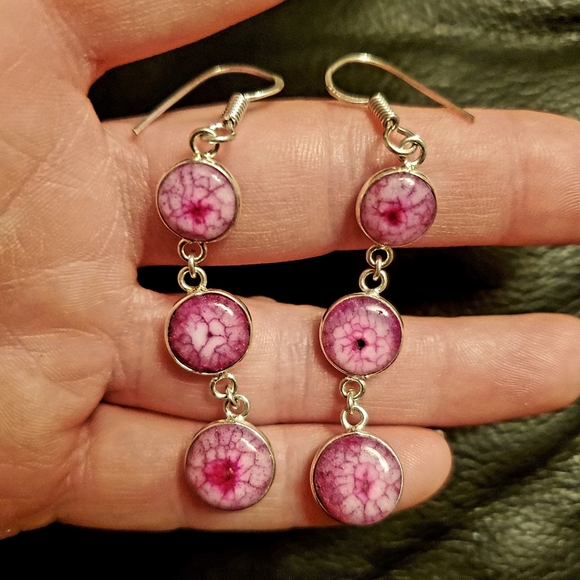 New 3 Pink Solar Quartz Agate Drop Silver Earrings. - Picture 2 of 11